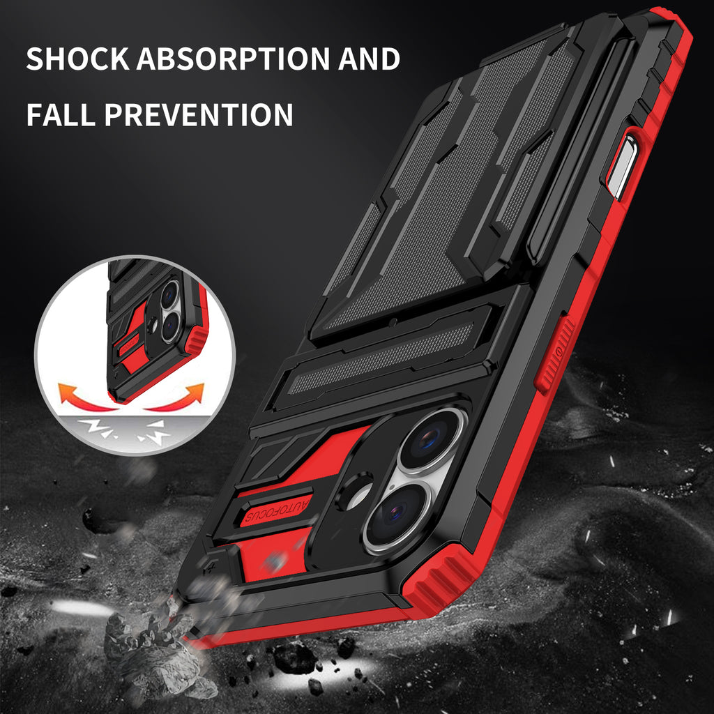 iPhone 16 Heavy Duty Kickstand Case Shockproof Card Holder RED