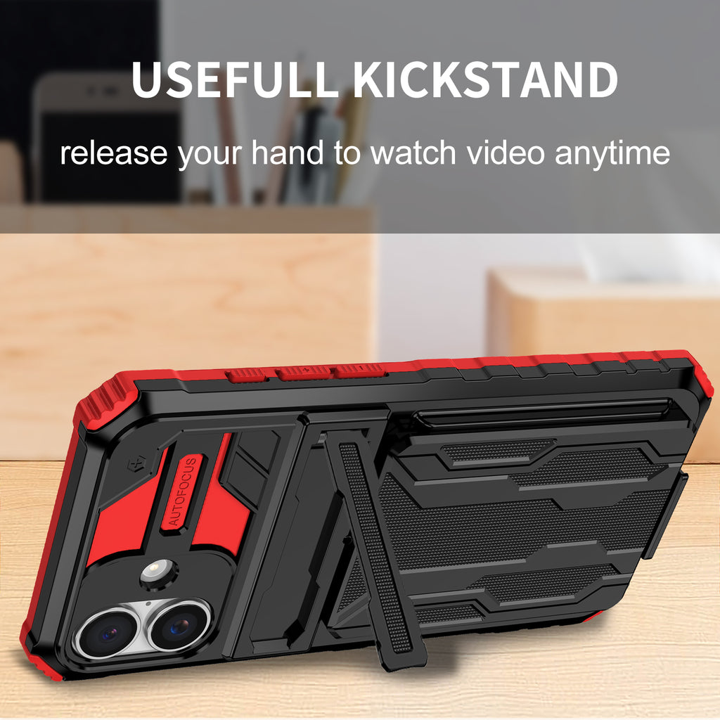 iPhone 16 Heavy Duty Kickstand Case Shockproof Card Holder RED