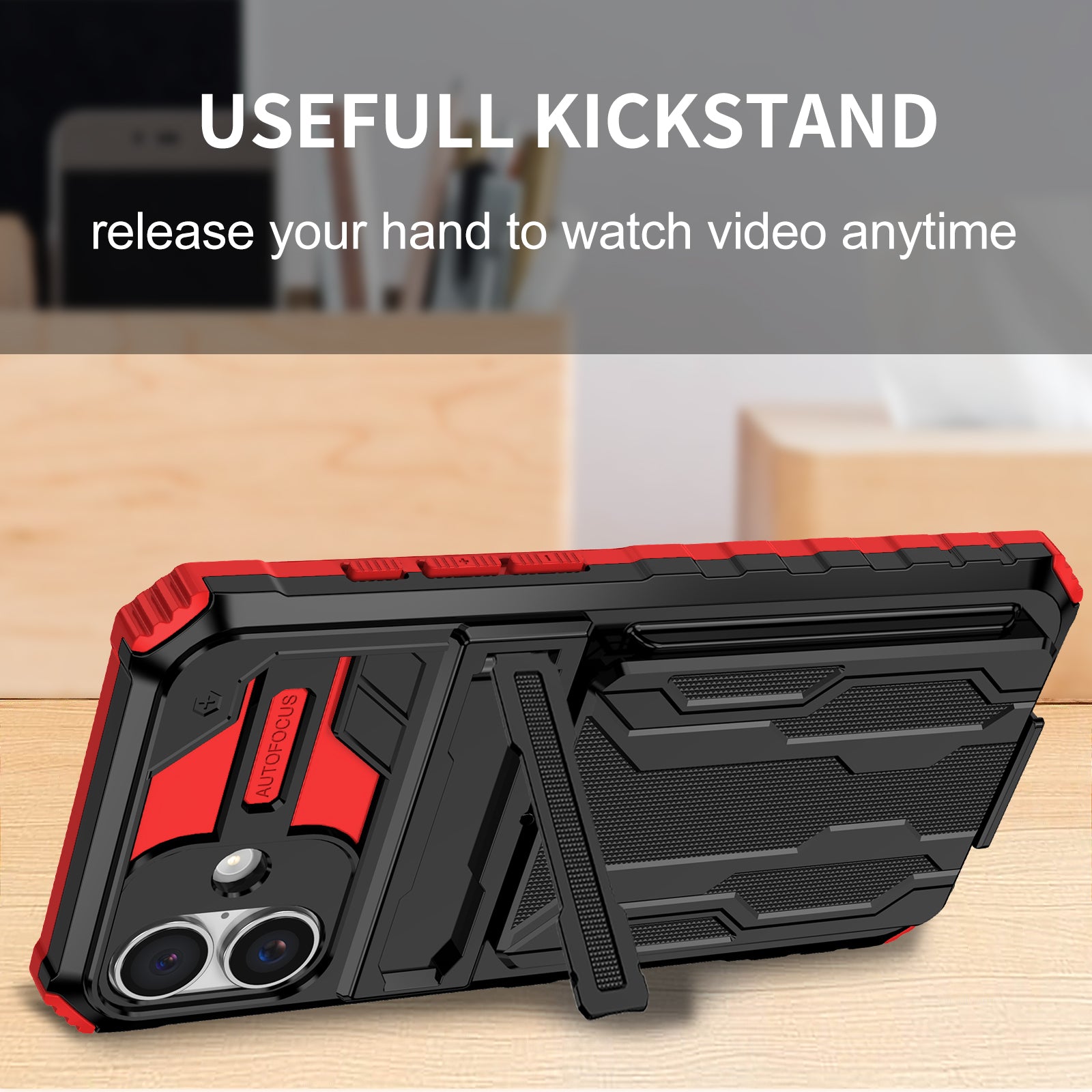 iPhone 16 Heavy Duty Kickstand Case Shockproof Card Holder RED