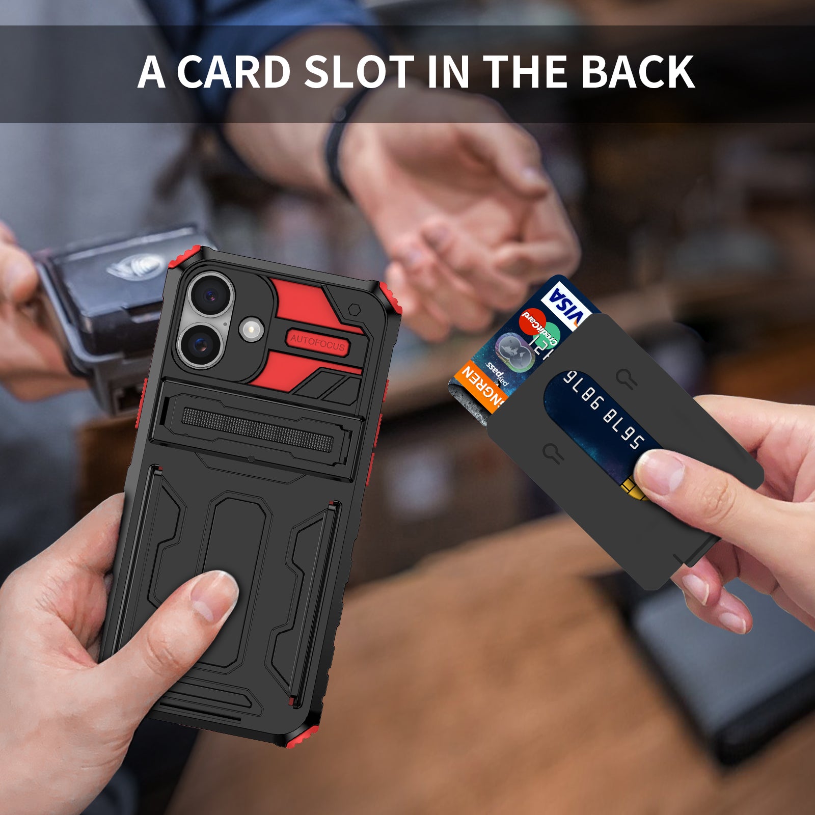 iPhone 16 Heavy Duty Kickstand Case Shockproof Card Holder RED