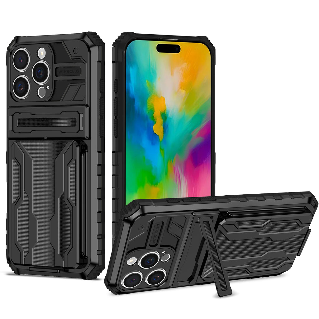 iPhone 16 Pro Heavy Duty Kickstand Case Shockproof Card Holder BLACK