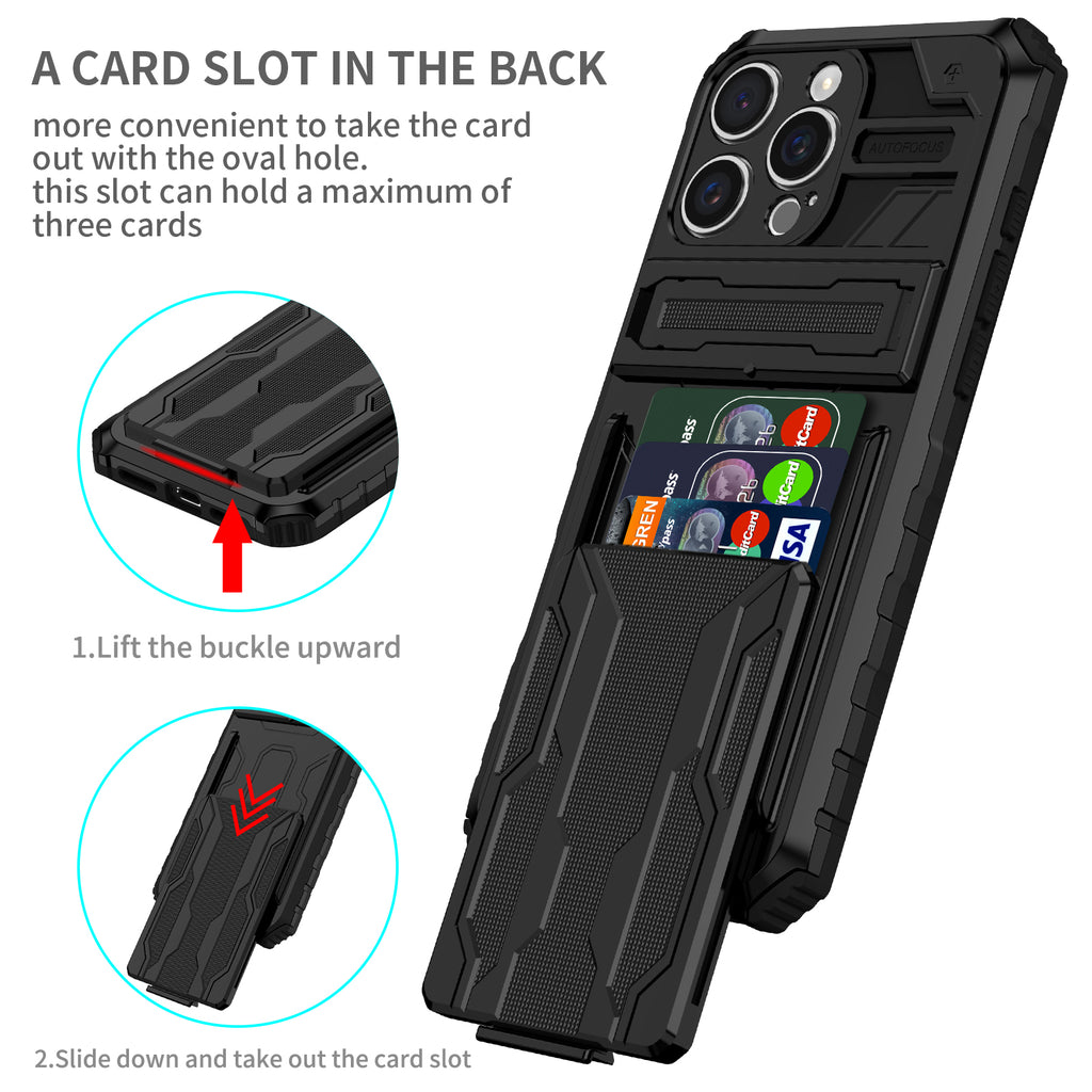 iPhone 16 Pro Heavy Duty Kickstand Case Shockproof Card Holder BLACK