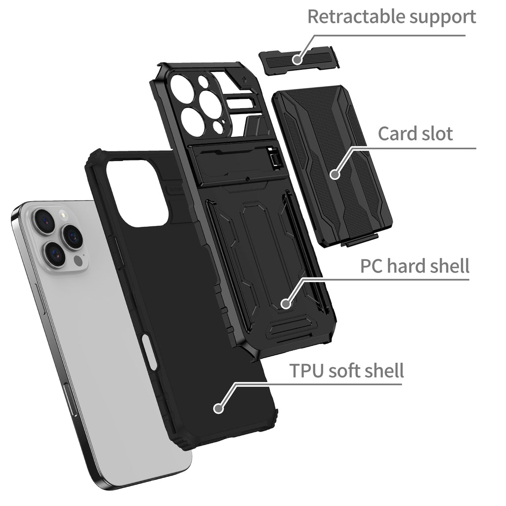 iPhone 16 Pro Heavy Duty Kickstand Case Shockproof Card Holder BLACK