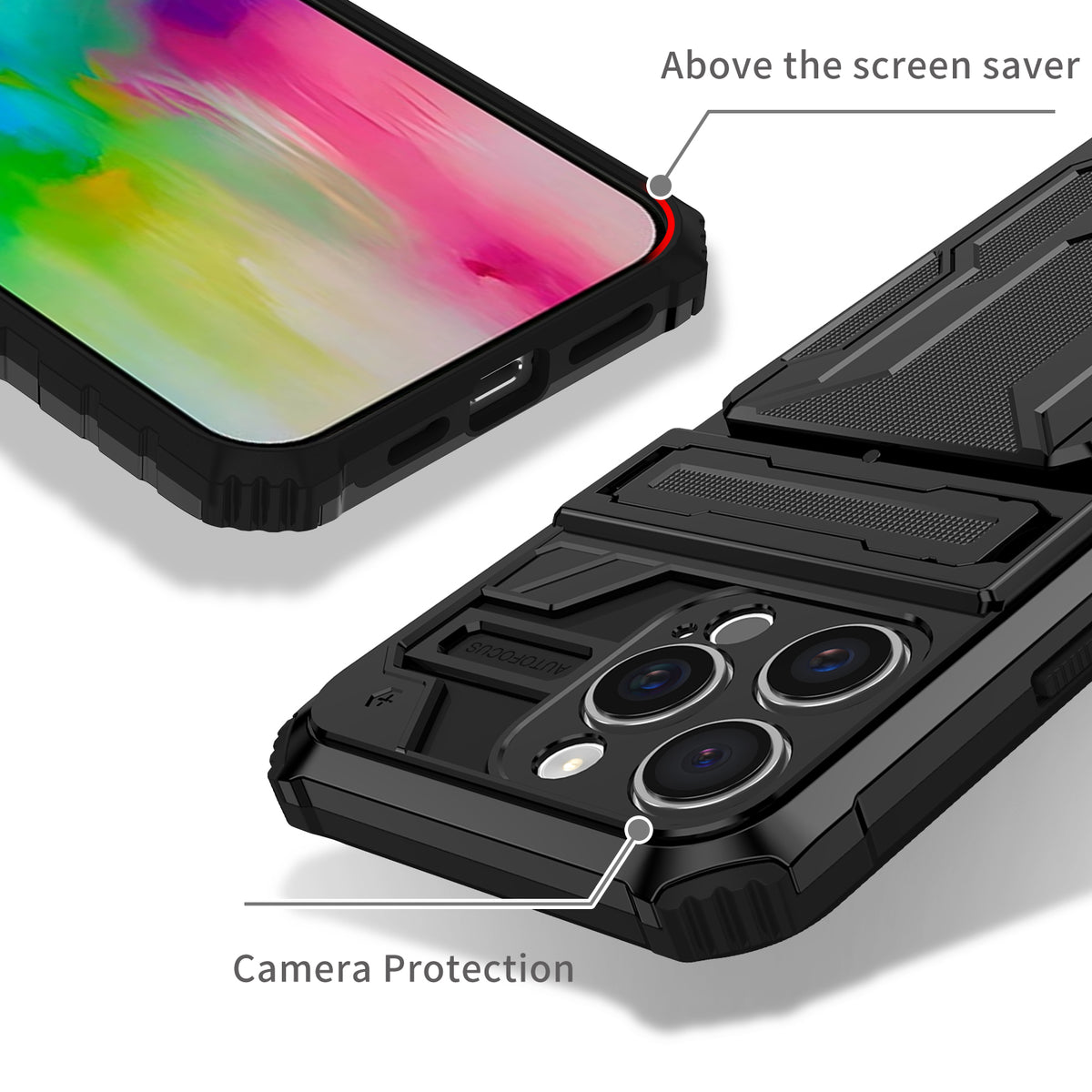 iPhone 16 Pro Heavy Duty Kickstand Case Shockproof Card Holder BLACK