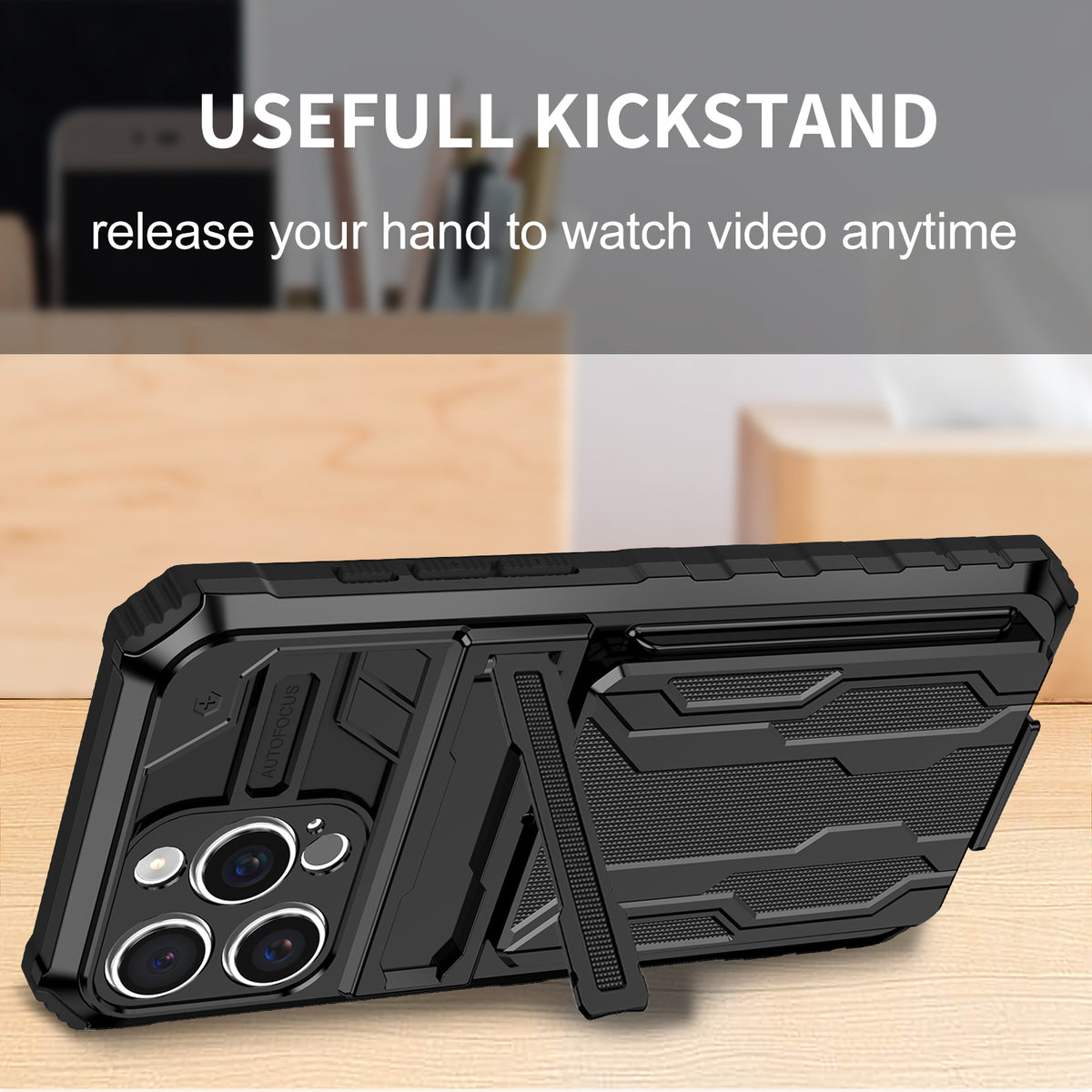 iPhone 16 Pro Heavy Duty Kickstand Case Shockproof Card Holder BLACK