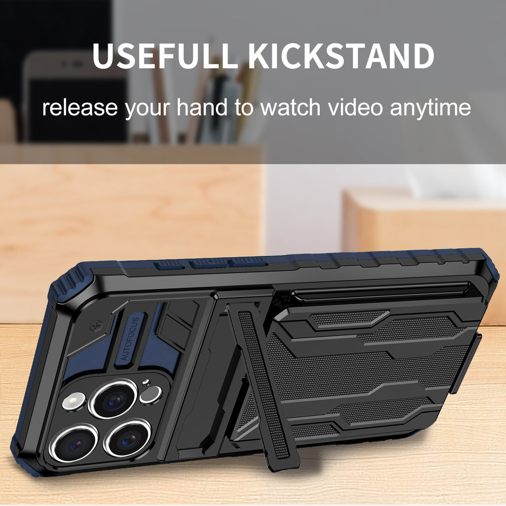 iPhone 16 Pro Heavy Duty Kickstand Case Shockproof Card Holder BLUE