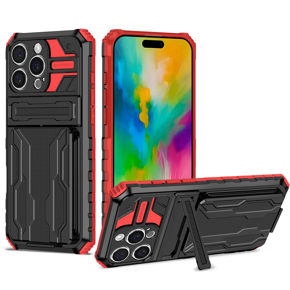 iPhone 16 Pro Heavy Duty Kickstand Case Shockproof Card Holder RED