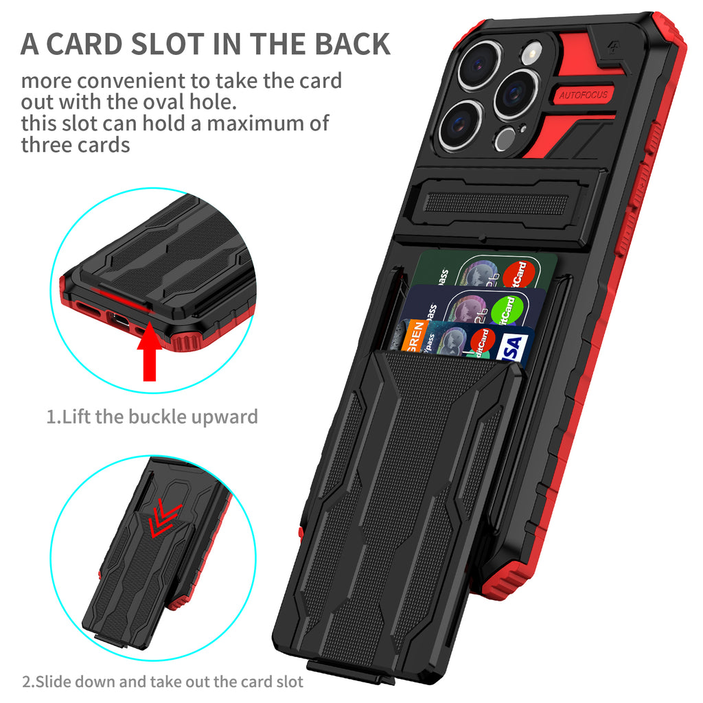 iPhone 16 Pro Heavy Duty Kickstand Case Shockproof Card Holder RED