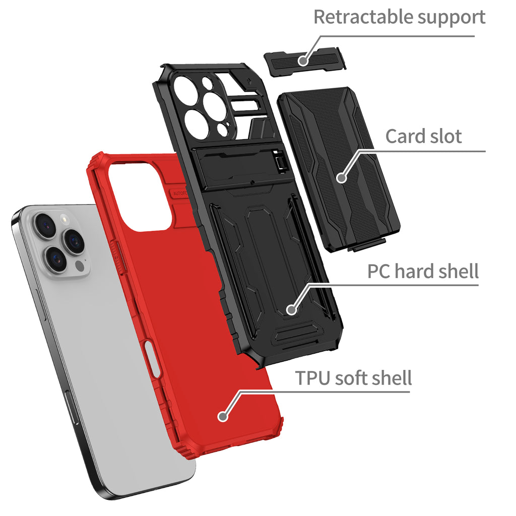 iPhone 16 Pro Heavy Duty Kickstand Case Shockproof Card Holder RED