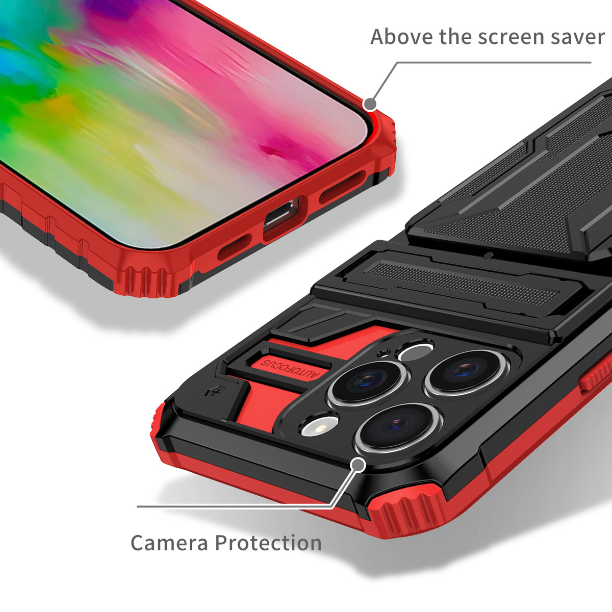 iPhone 16 Pro Heavy Duty Kickstand Case Shockproof Card Holder RED