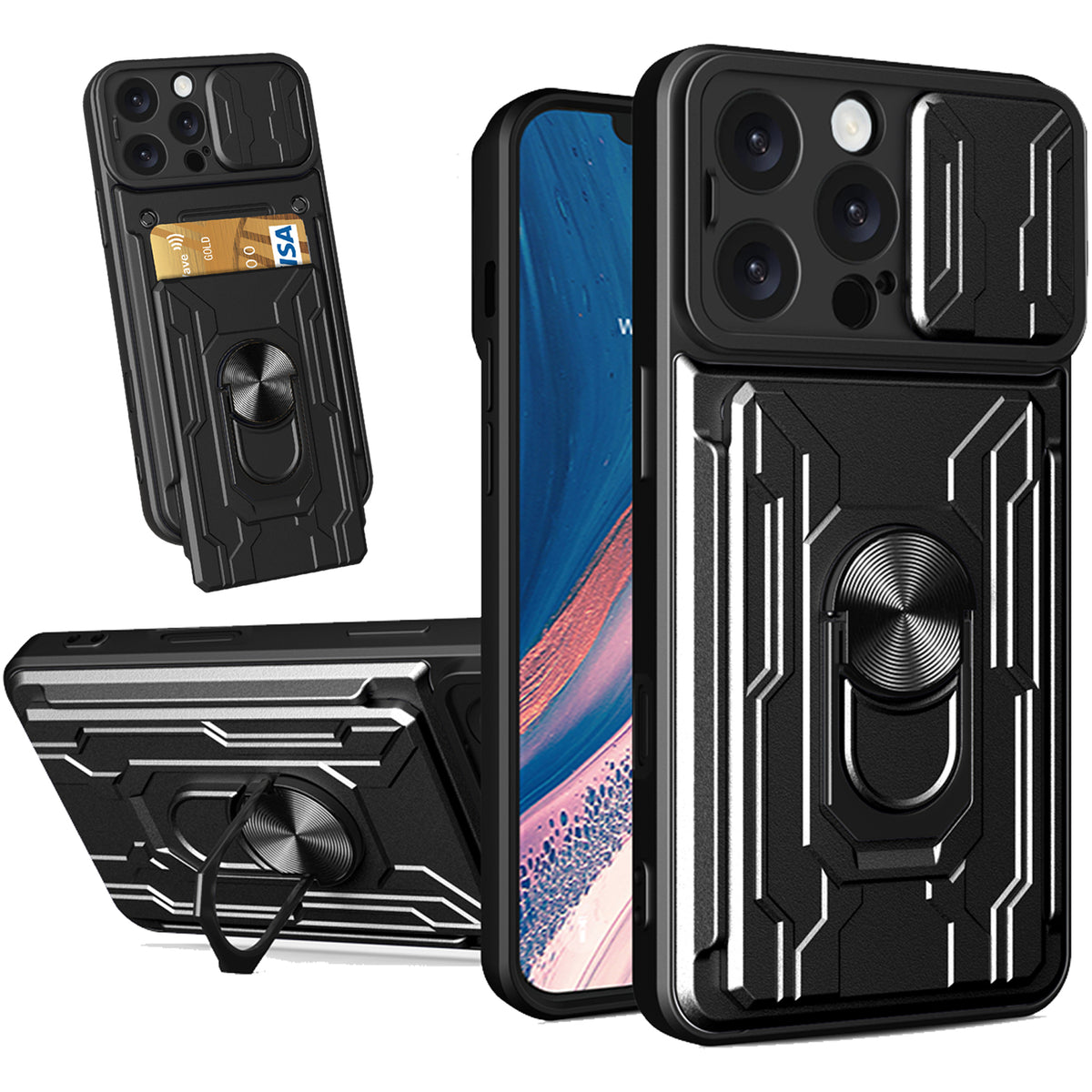 iPhone 16 Pro Rugged Shockproof Case Kickstand Card Cover BLACK