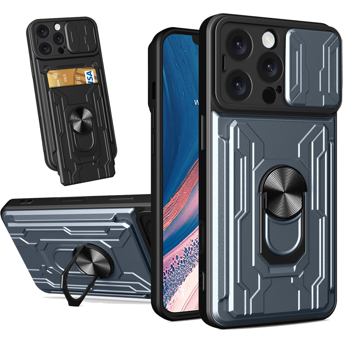 iPhone 16 Pro Max Rugged Shockproof Case Kickstand Card Cover GREY
