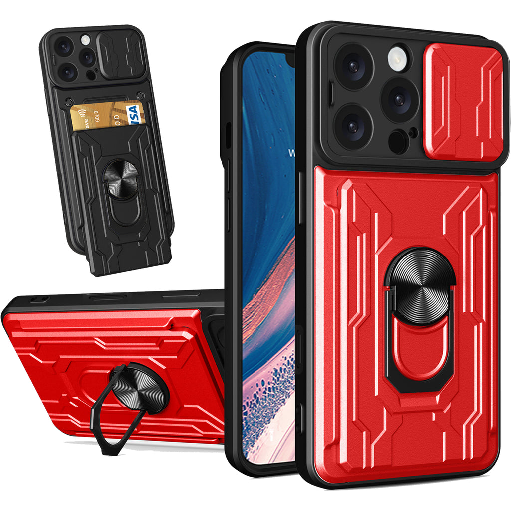 iPhone 16 Pro Max Rugged Shockproof Case Kickstand Card Cover RED