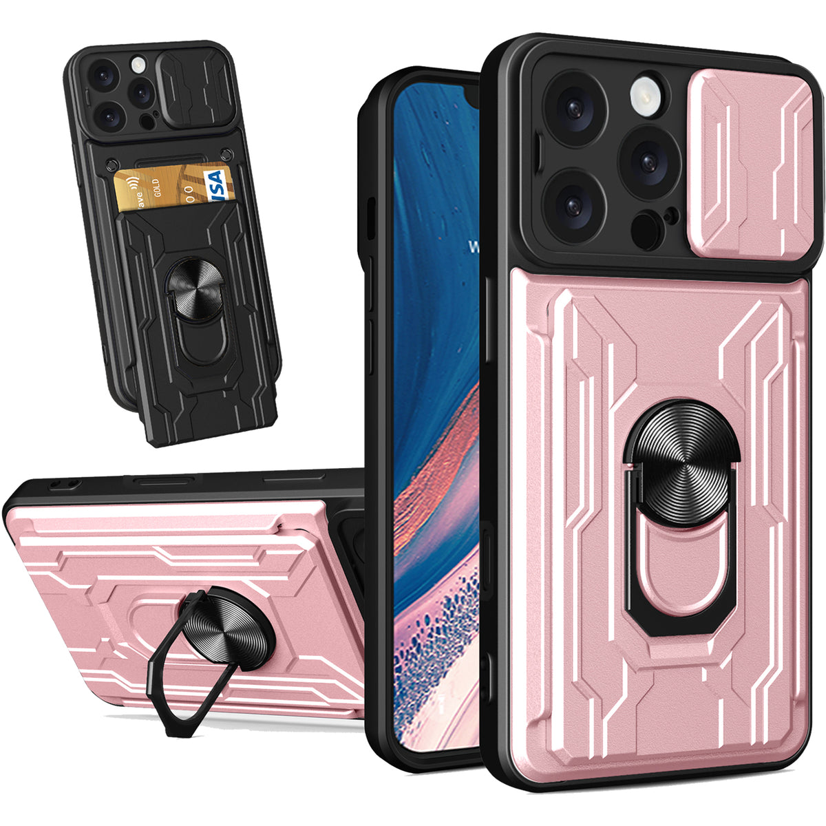 iPhone 16 Pro Max Rugged Shockproof Case Kickstand Card Cover PINK