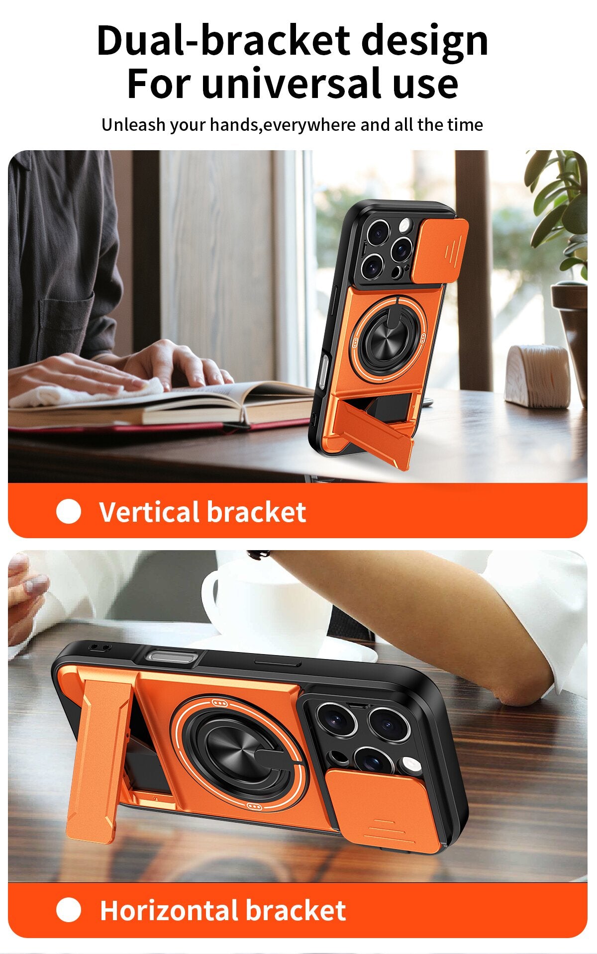 iPhone 16 Pro Magnetic Kickstand Case with Camera Slide Cover ORANGE