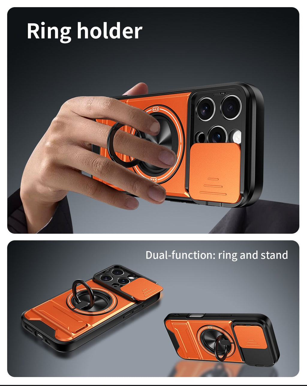 iPhone 16 Pro Magnetic Kickstand Case with Camera Slide Cover ORANGE
