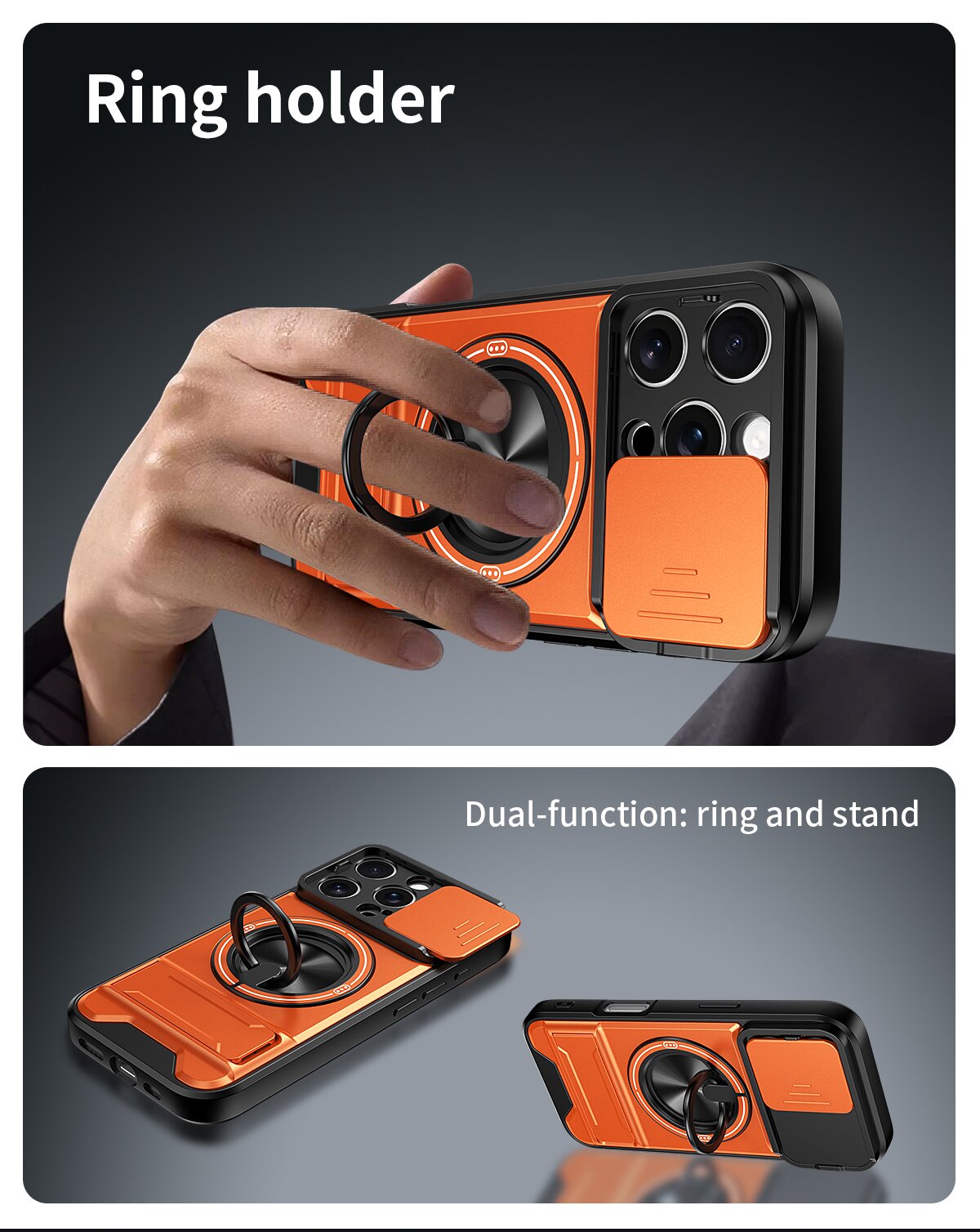 iPhone 16 Pro Magnetic Kickstand Case with Camera Slide Cover ORANGE
