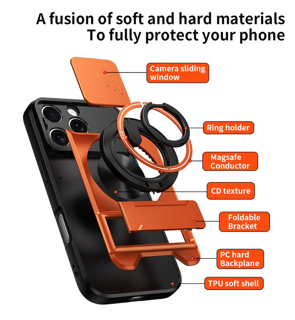 iPhone 16 Pro Magnetic Kickstand Case with Camera Slide Cover ORANGE