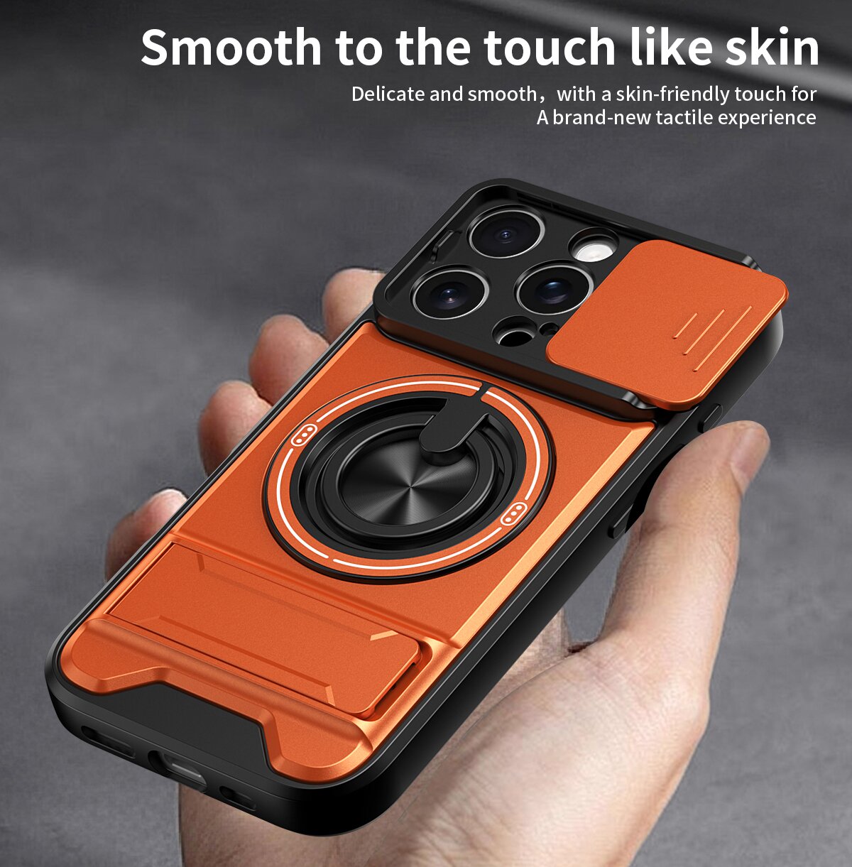 iPhone 16 Pro Magnetic Kickstand Case with Camera Slide Cover ORANGE