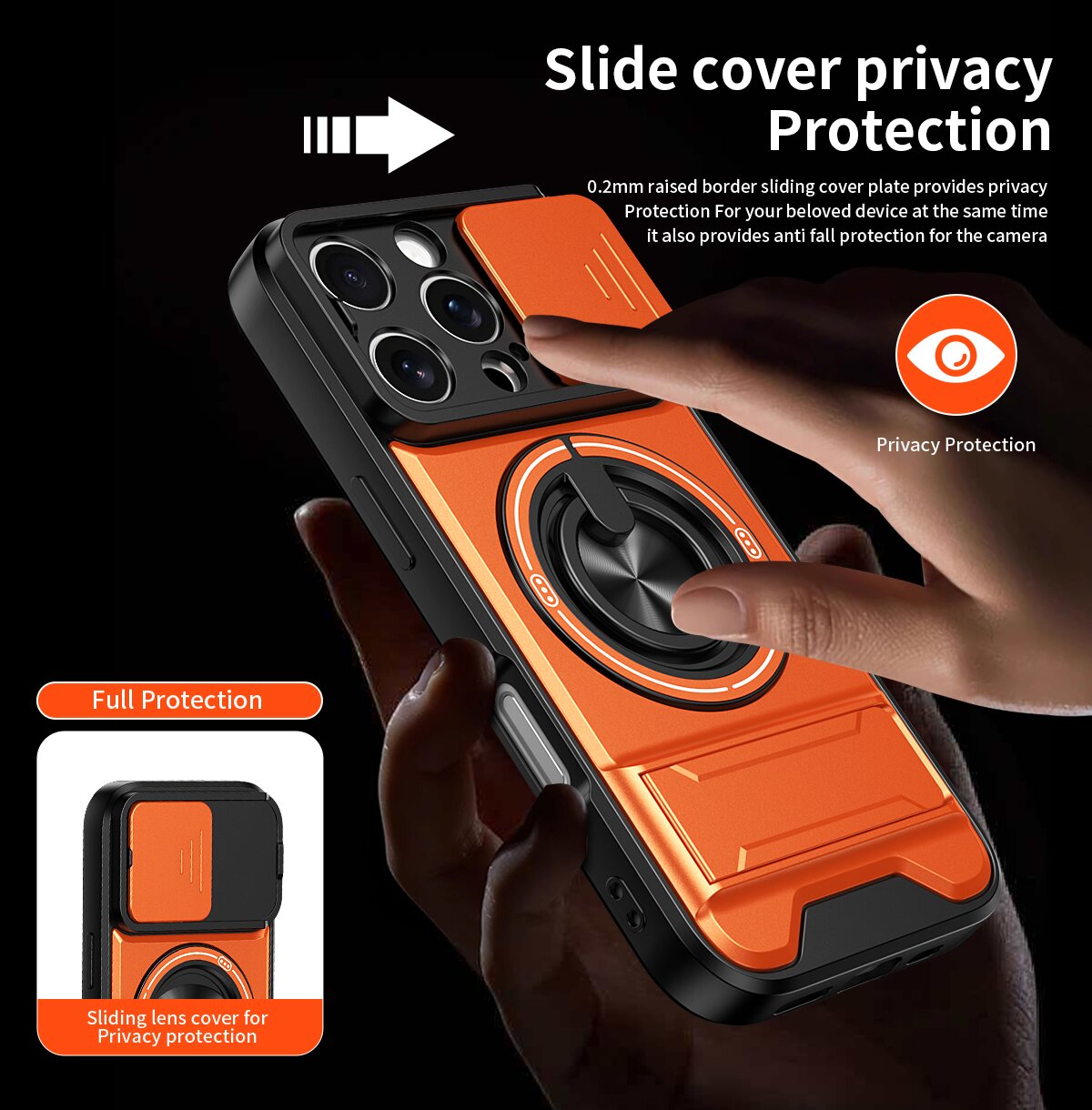 iPhone 16 Pro Magnetic Kickstand Case with Camera Slide Cover ORANGE