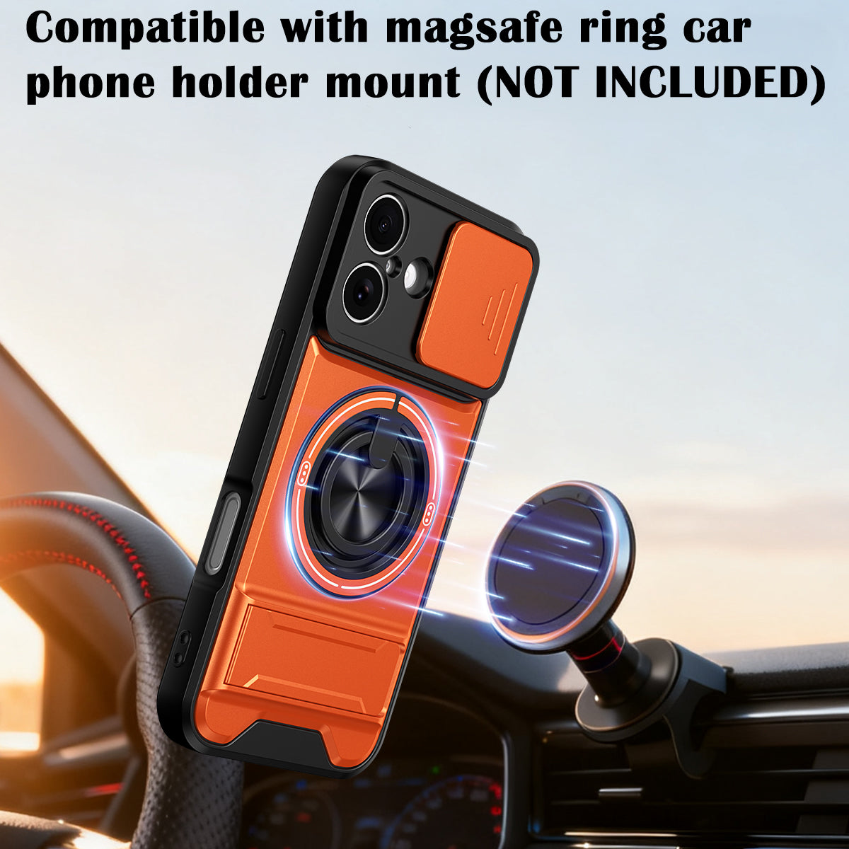 iPhone 17 Magnetic Kickstand Case with Camera Slide Cover ORANGE