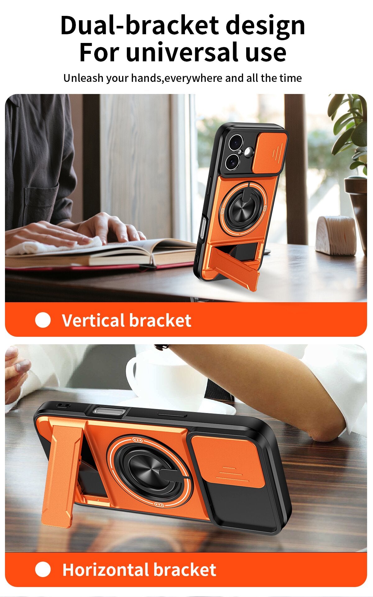 iPhone 17 Magnetic Kickstand Case with Camera Slide Cover ORANGE