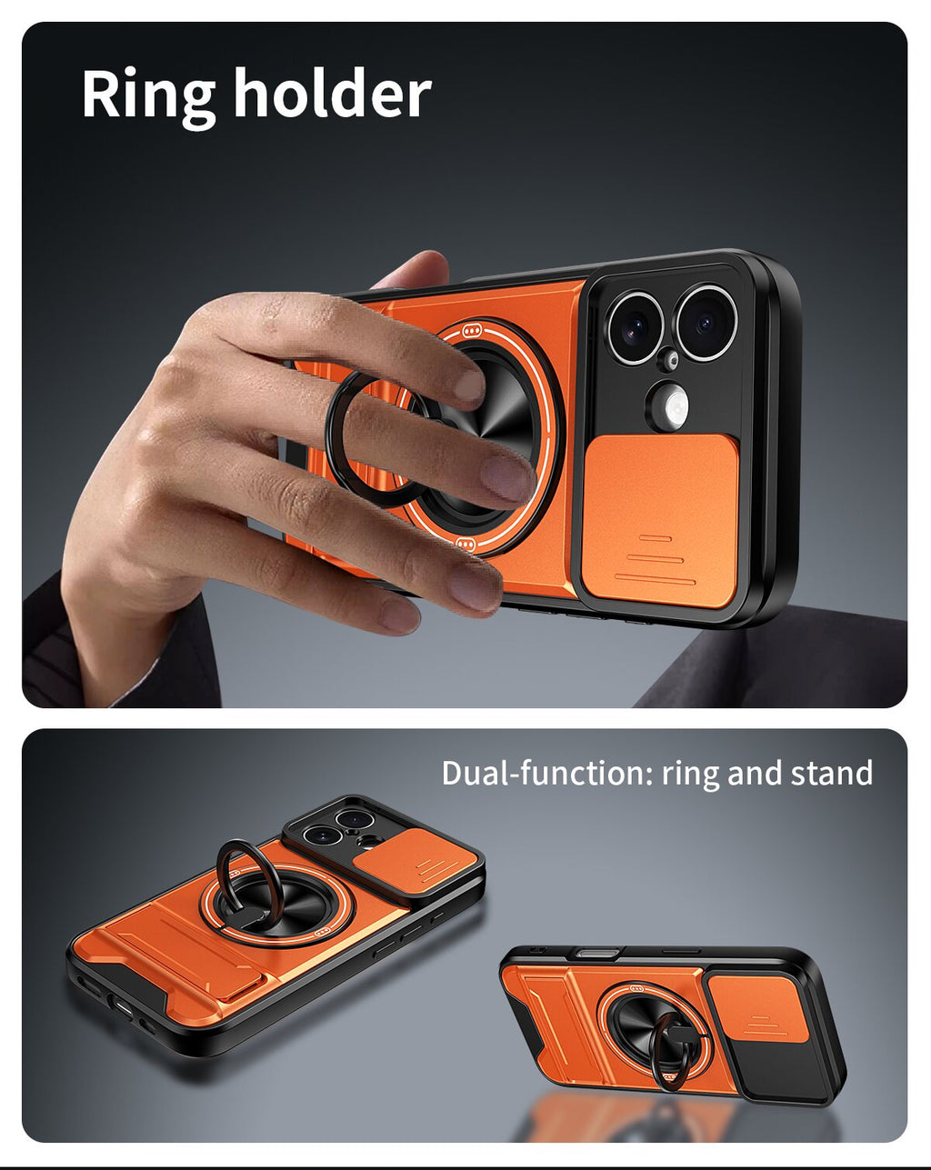 iPhone 17 Magnetic Kickstand Case with Camera Slide Cover ORANGE