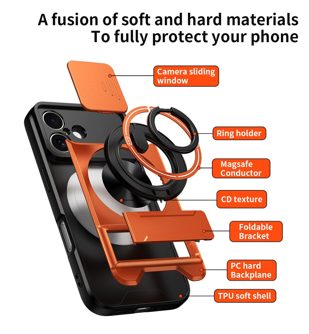 iPhone 17 Magnetic Kickstand Case with Camera Slide Cover ORANGE