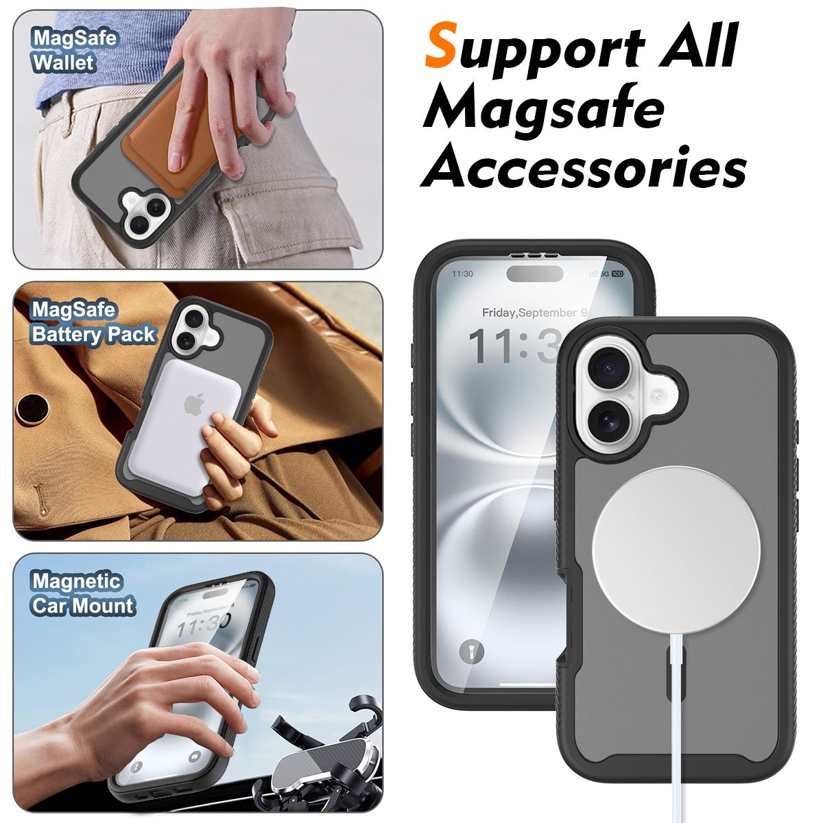 iPhone 16 Wallet Card Cover MagSafe Heavy Duty Shockproof Case BLACK