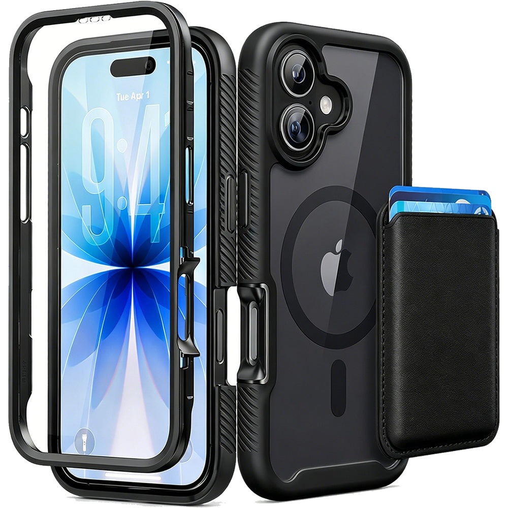 iPhone 16 Wallet Card Cover MagSafe Heavy Duty Shockproof Case BLACK