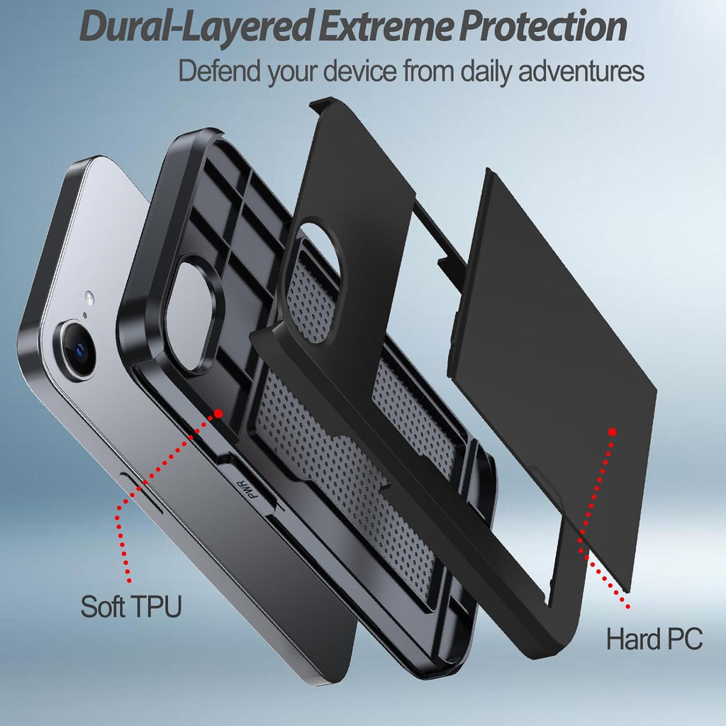 iPhone 16e Shockproof Wallet Case Card Cover BLACK