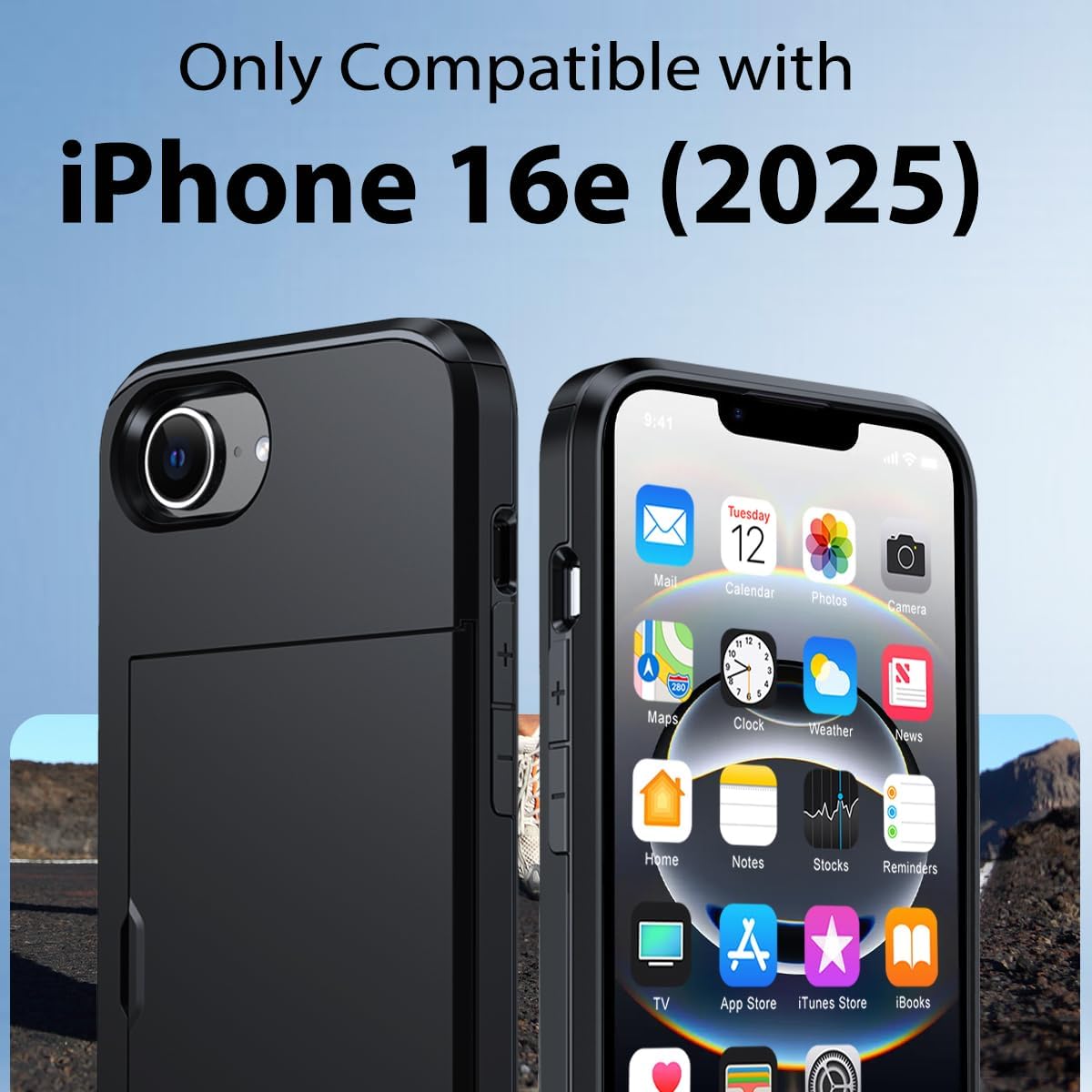 iPhone 16e Shockproof Wallet Case Card Cover BLACK