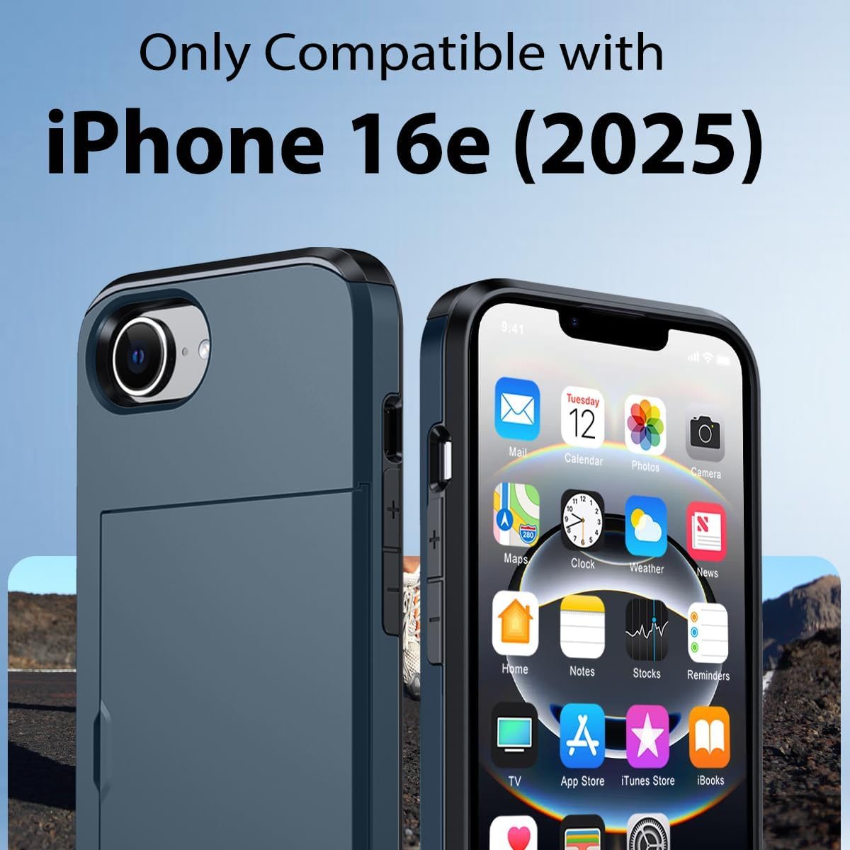 iPhone 16e Shockproof Wallet Case Card Cover BLUE