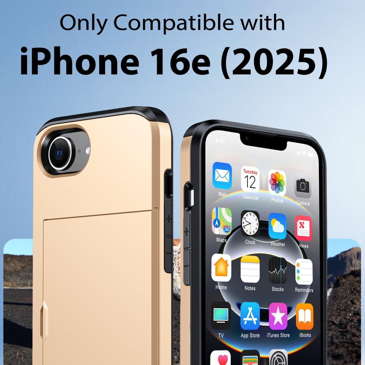 iPhone 16e Shockproof Wallet Case Card Cover GOLD