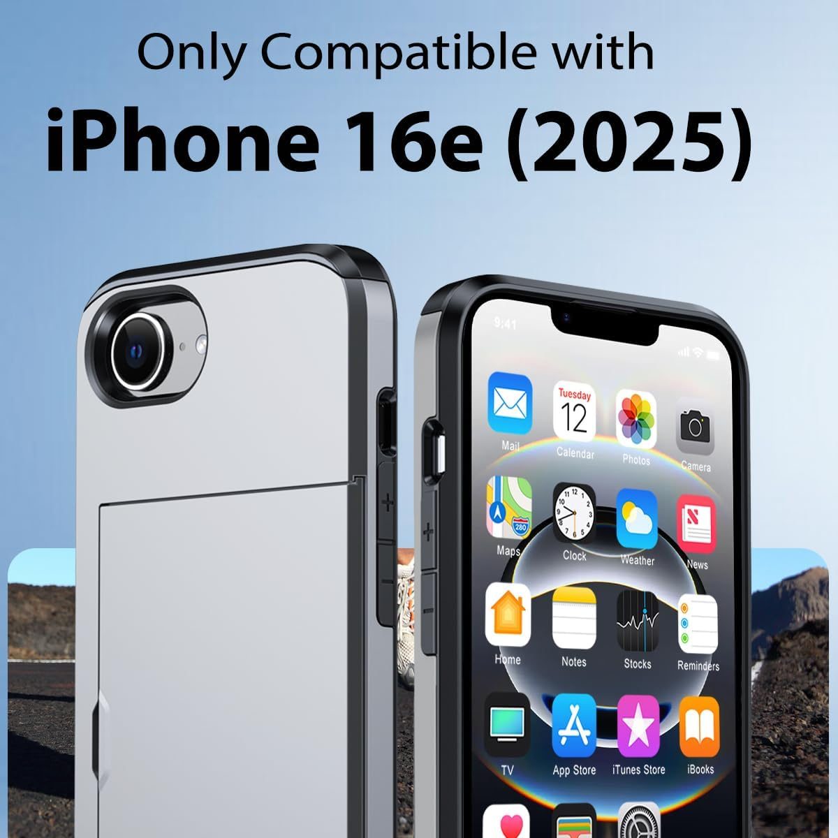iPhone 16e Shockproof Wallet Case Card Cover GREY