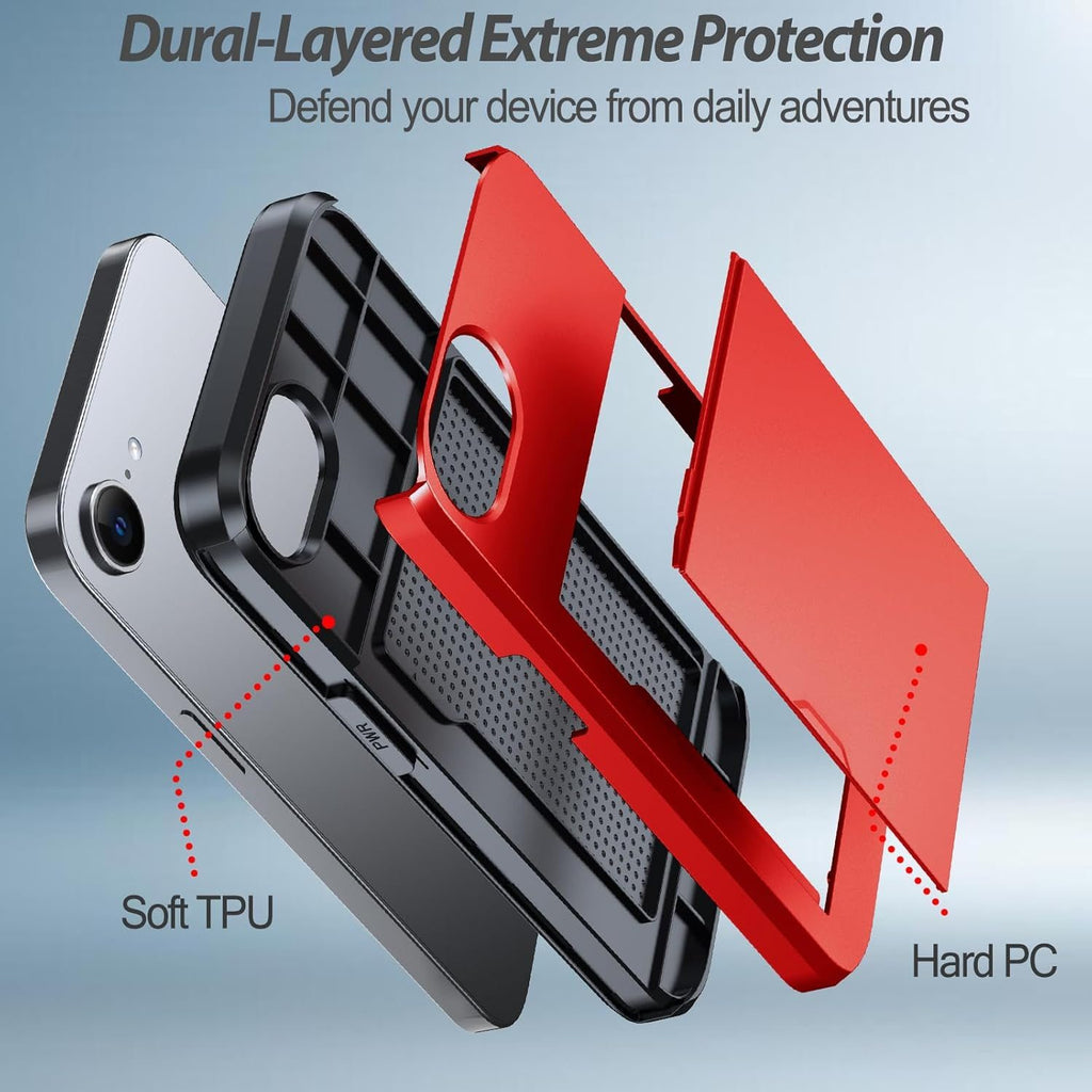 iPhone 17e Shockproof Wallet Case Card Cover RED