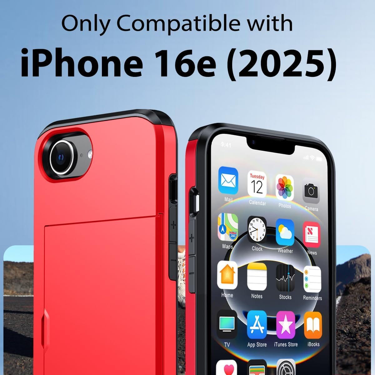 iPhone 16e Shockproof Wallet Case Card Cover RED