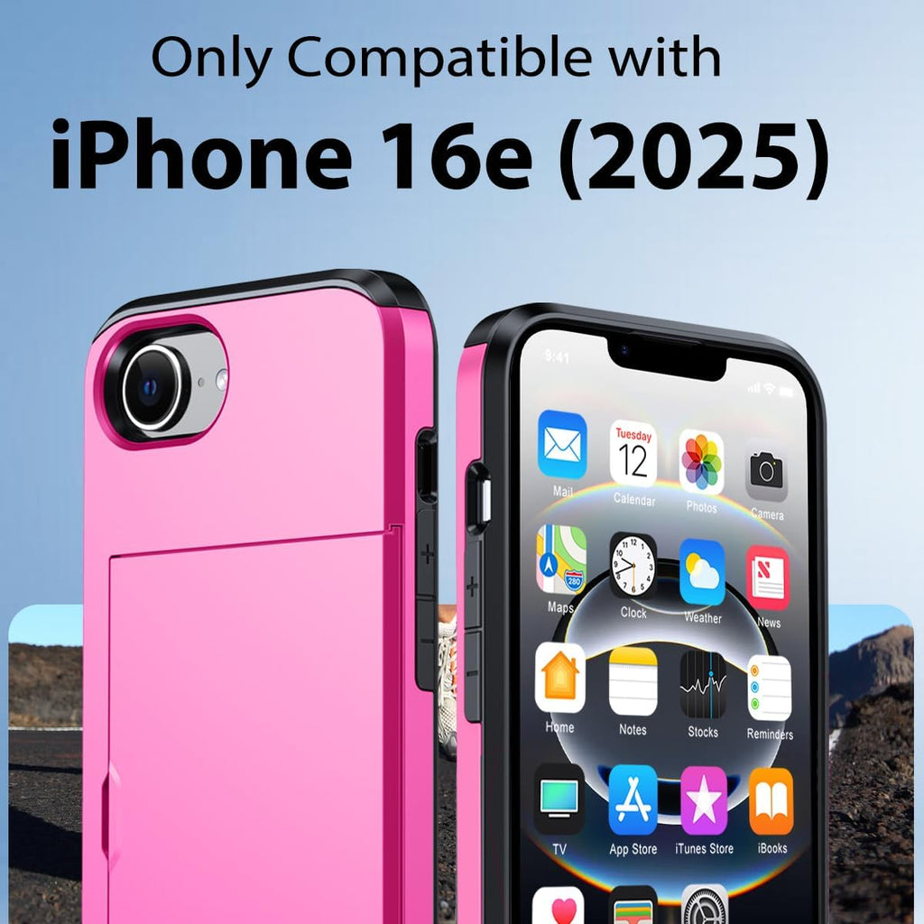 iPhone 16e Shockproof Wallet Case Card Cover HOT PINK