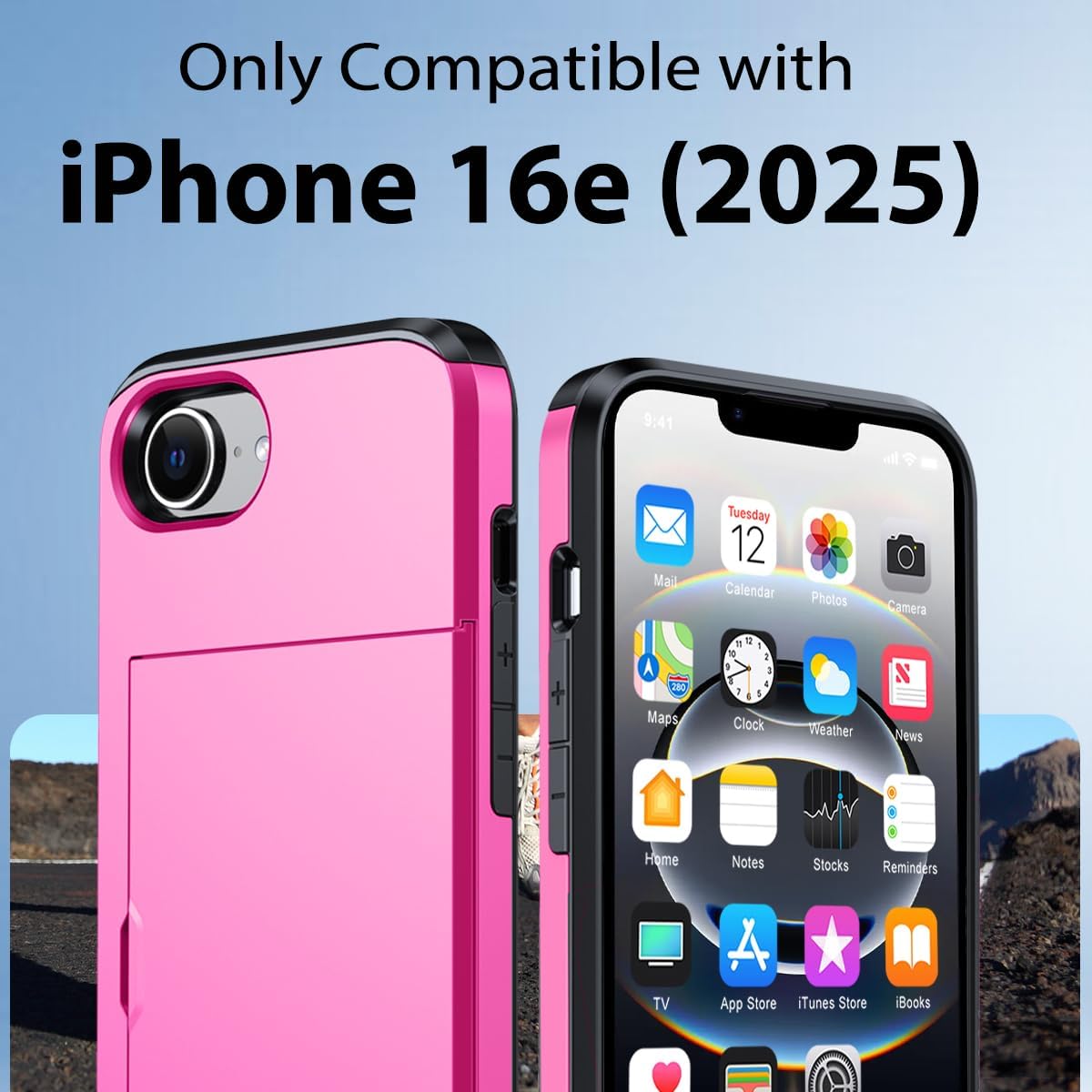 iPhone 16e Shockproof Wallet Case Card Cover HOT PINK
