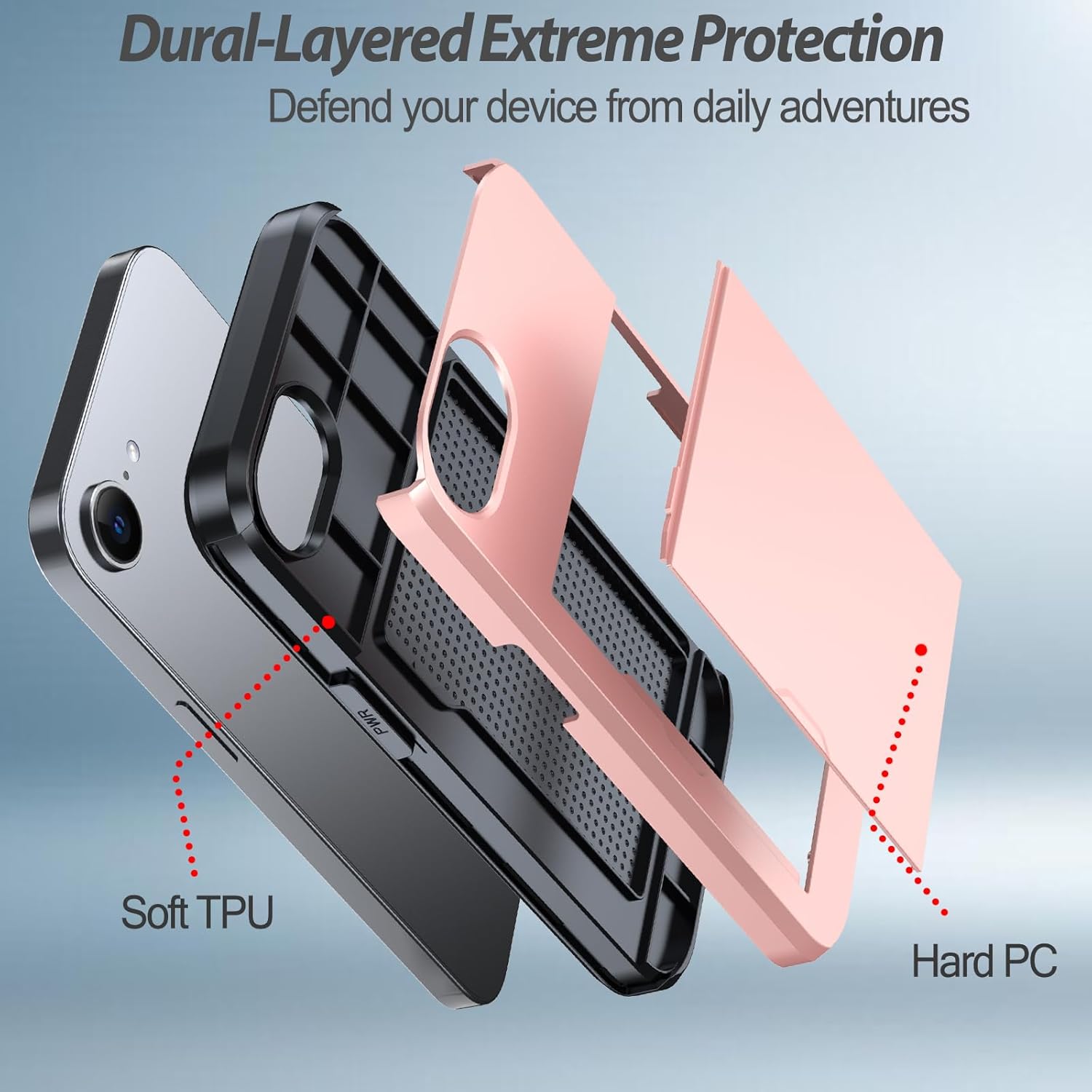 iPhone 16e Shockproof Wallet Case Card Cover PINK