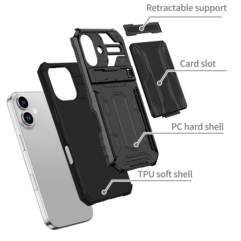iPhone 17 Heavy Duty Kickstand Case Shockproof Card Holder BLACK