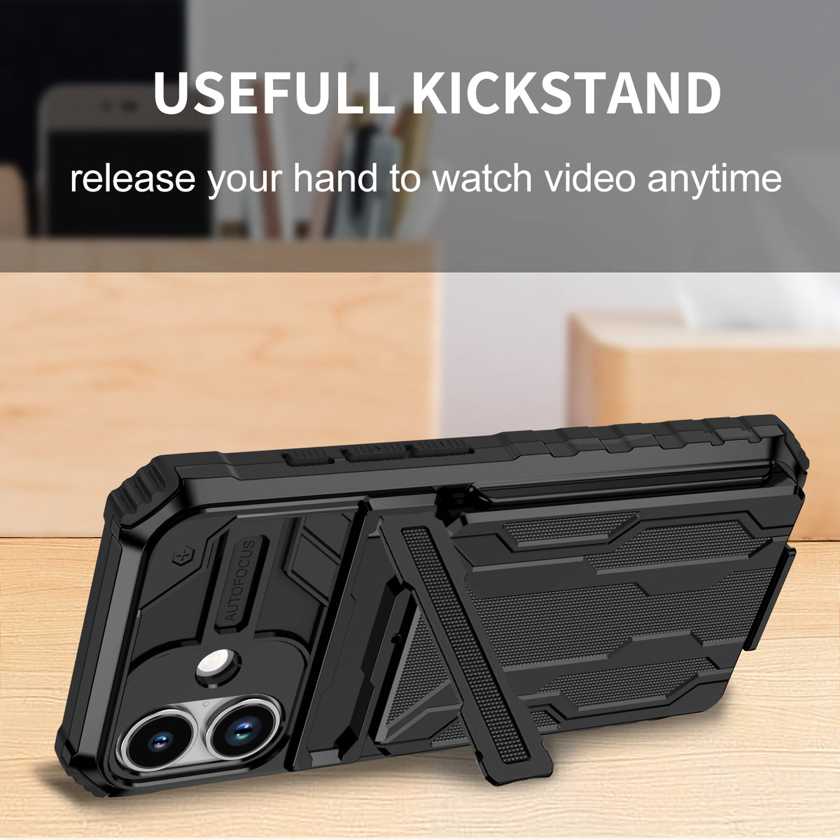 iPhone 17 Heavy Duty Kickstand Case Shockproof Card Holder BLACK