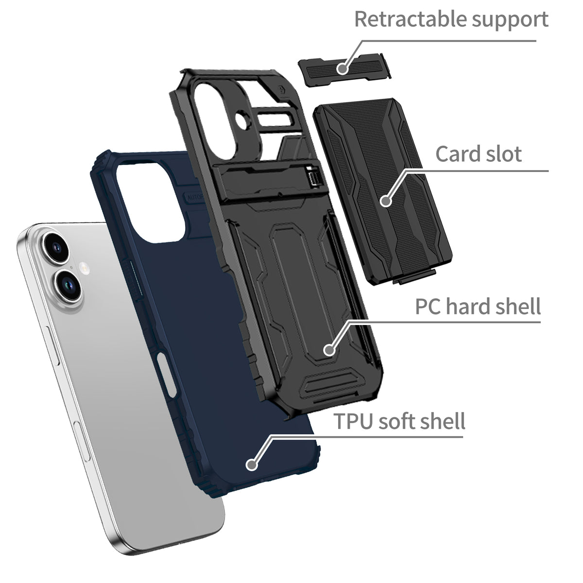 iPhone 17 Heavy Duty Kickstand Case Shockproof Card Holder BLUE