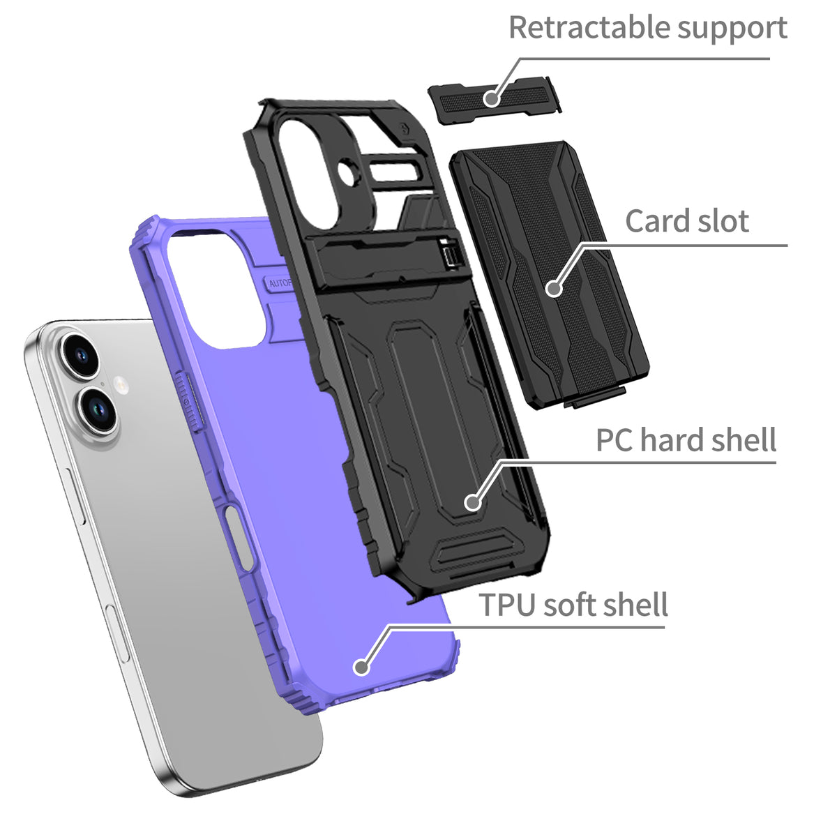 iPhone 17 Heavy Duty Kickstand Case Shockproof Card Holder PURPLE