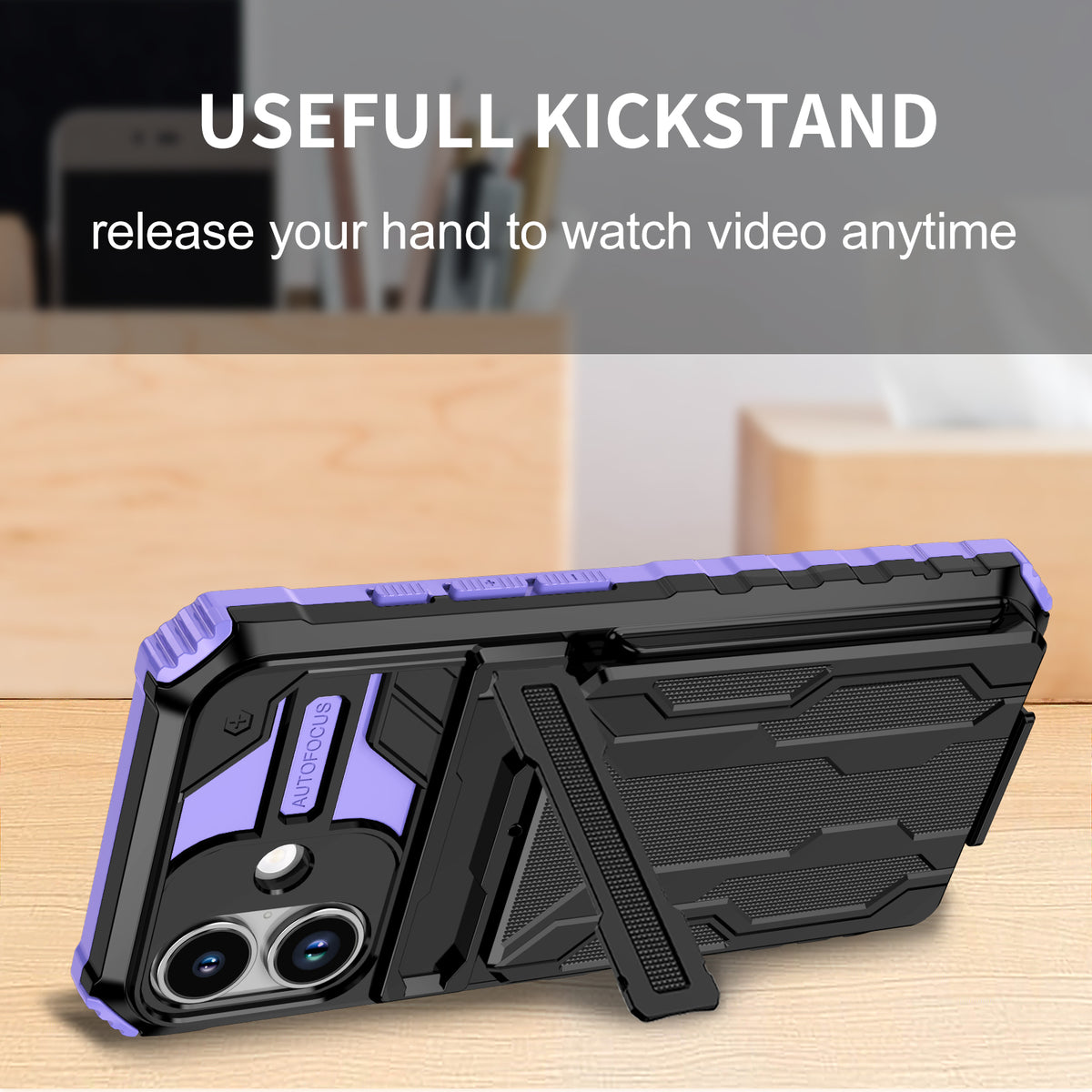 iPhone 17 Heavy Duty Kickstand Case Shockproof Card Holder PURPLE