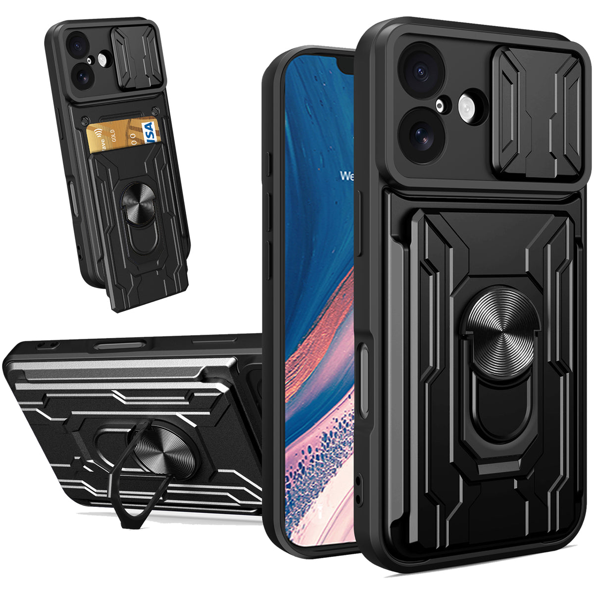 iPhone 16 Rugged Shockproof Case Kickstand Card Cover BLACK
