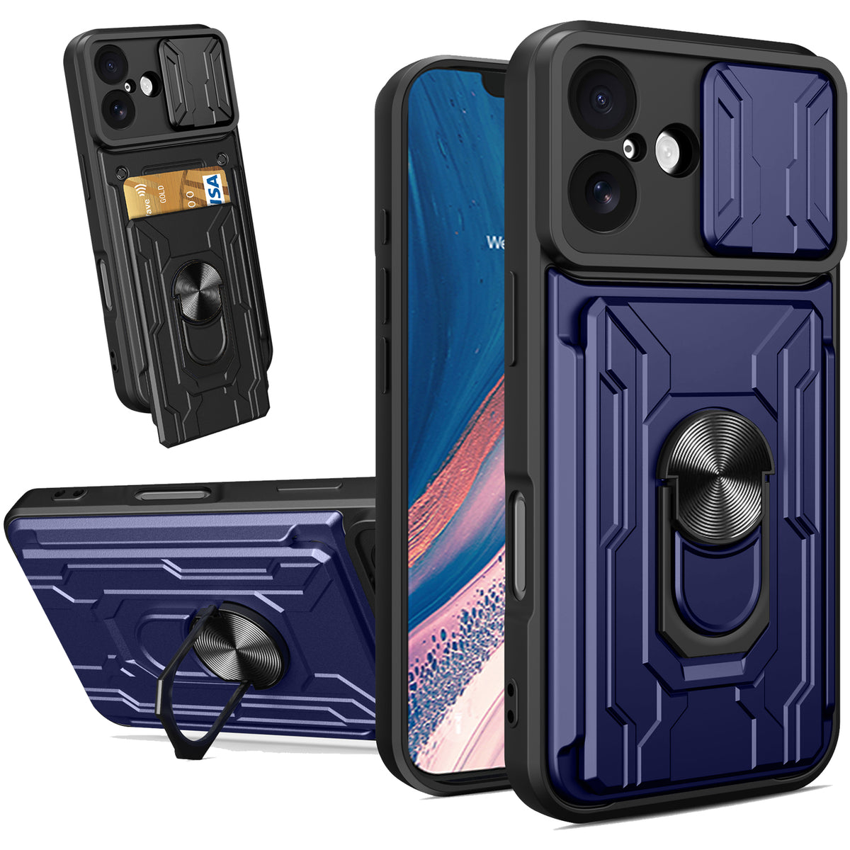 iPhone 16 Rugged Shockproof Case Kickstand Card Cover BLUE