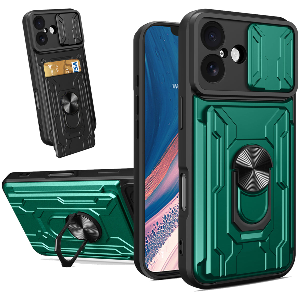 iPhone 16 Plus Rugged Shockproof Case Kickstand Card Cover GREEN