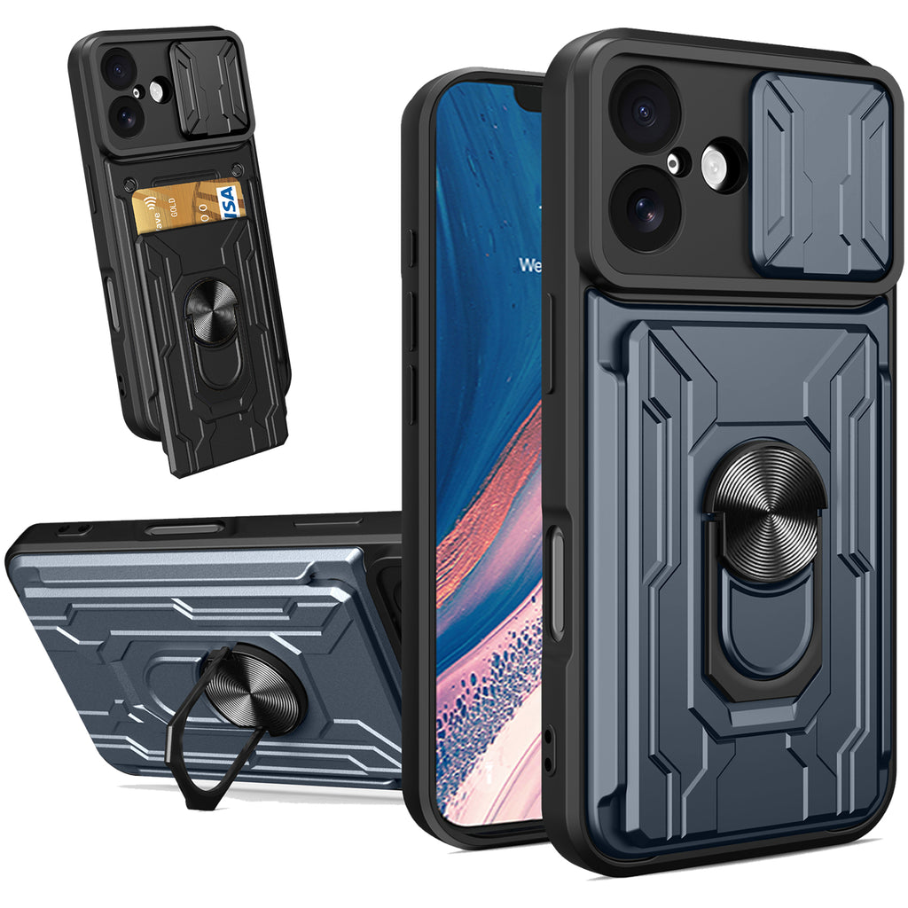 iPhone 16 Rugged Shockproof Case Kickstand Card Cover GREY
