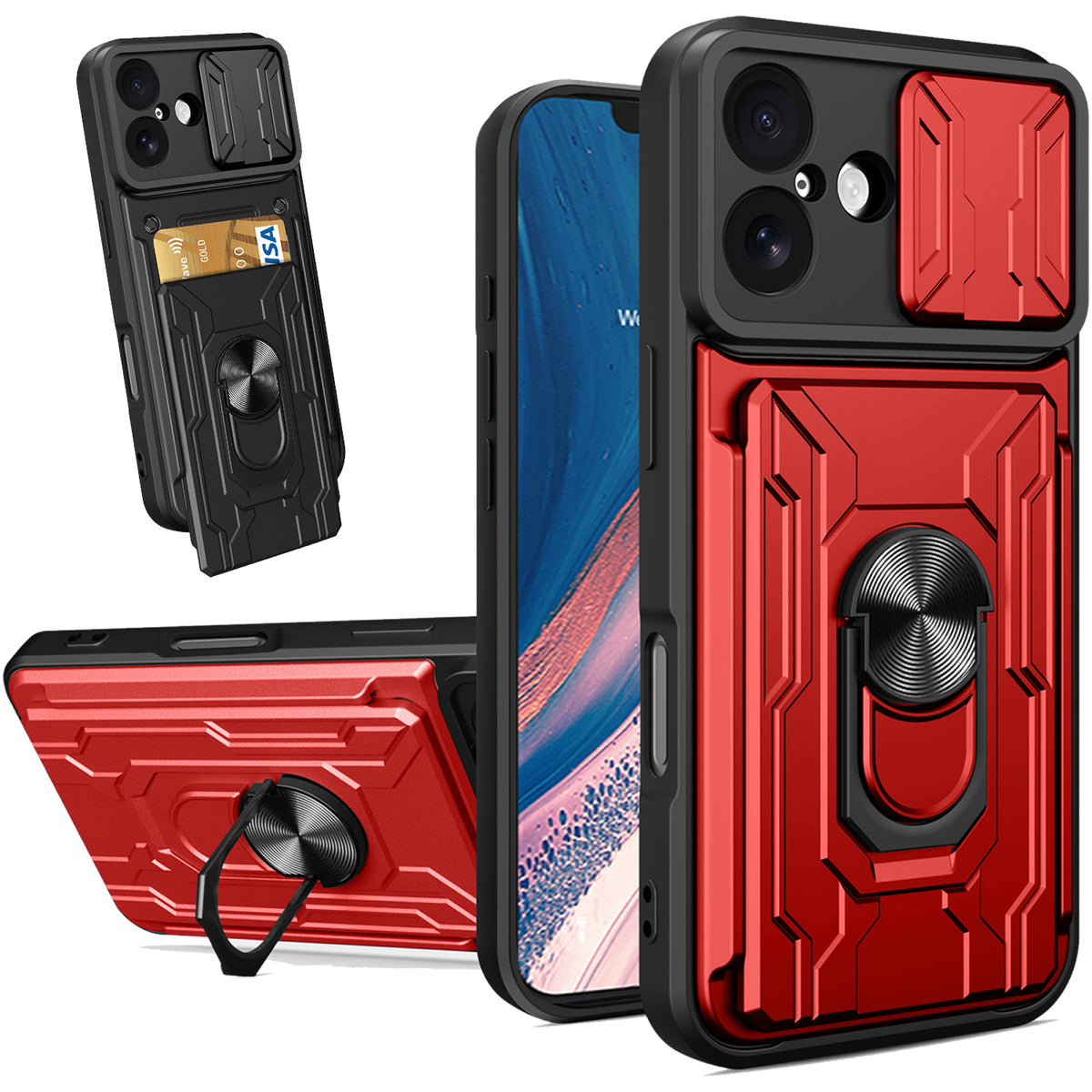 iPhone 16 Plus Rugged Shockproof Case Kickstand Card Cover RED